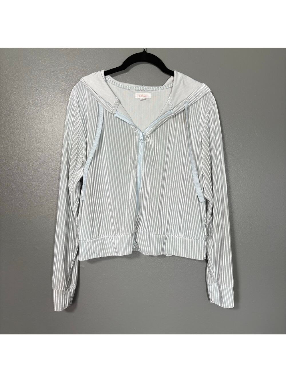 Colsie Women's Light Gray Cropped Ribbed Velour Zip Up Hoodie Sweatshirt - Large